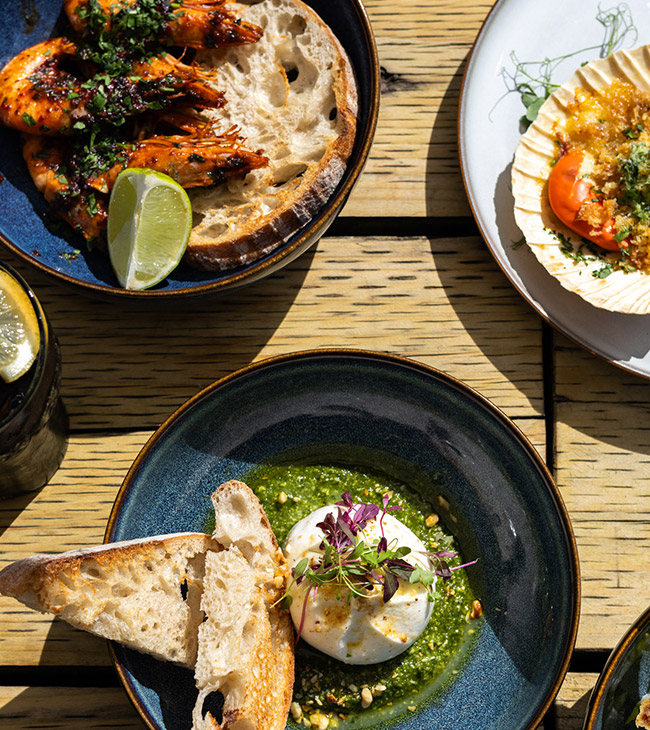 Dorset crab, sourdough, garlic prawns, burrata - there's something for everyone at the Lodge at Lulworth bistro restauarant in Dorset.